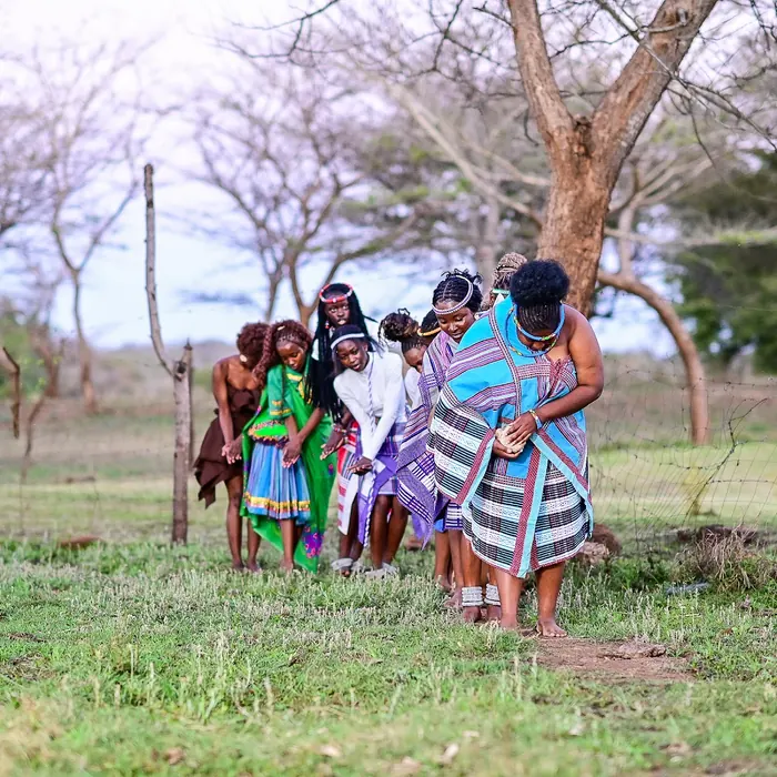 A line of performers walking through the veld.