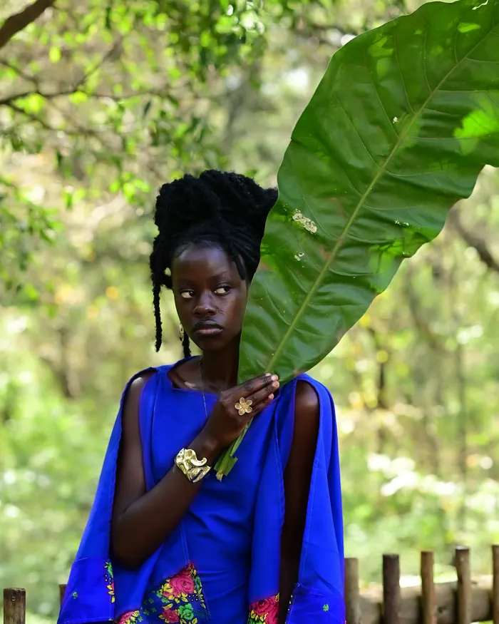 A woman in blue holding a large green leaf.